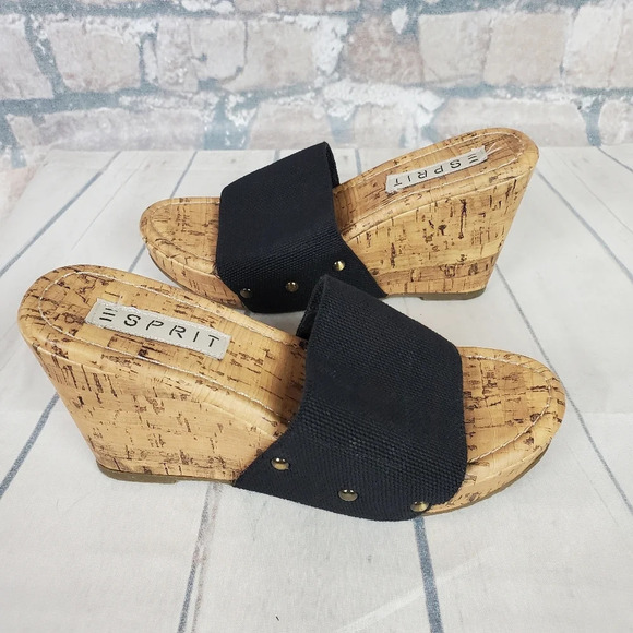 Esprit Platform Wedge Slides Cork Sole Size 38/39 Black Stretch Band - Picture 4 of 15